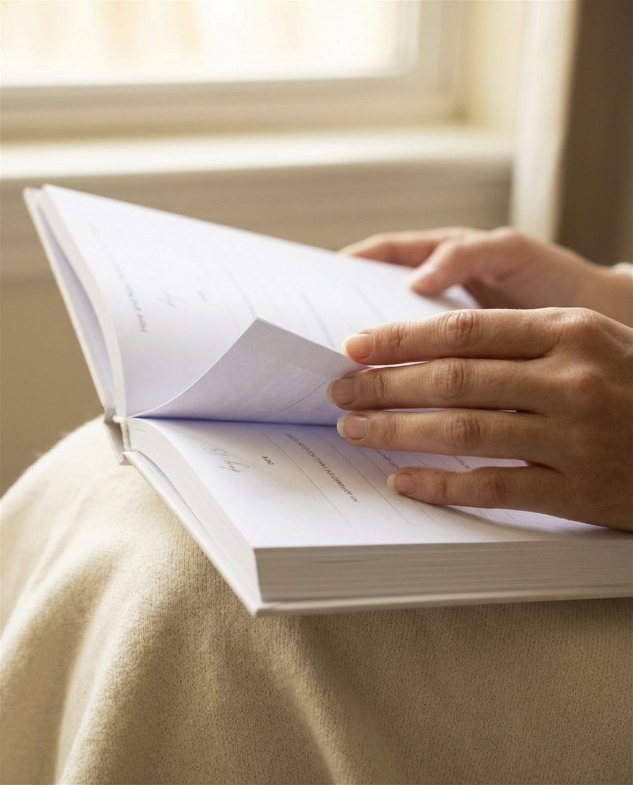 A hand turning a page of Here and Now while seated
