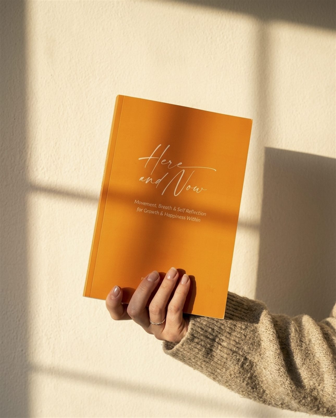 A hand holding Here and Now against a warm, sunlit wall